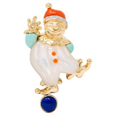 Asch Grossbardt 1980's Multi-Gem Diamond 14K Gold Vintage Inlay Clown Brooch