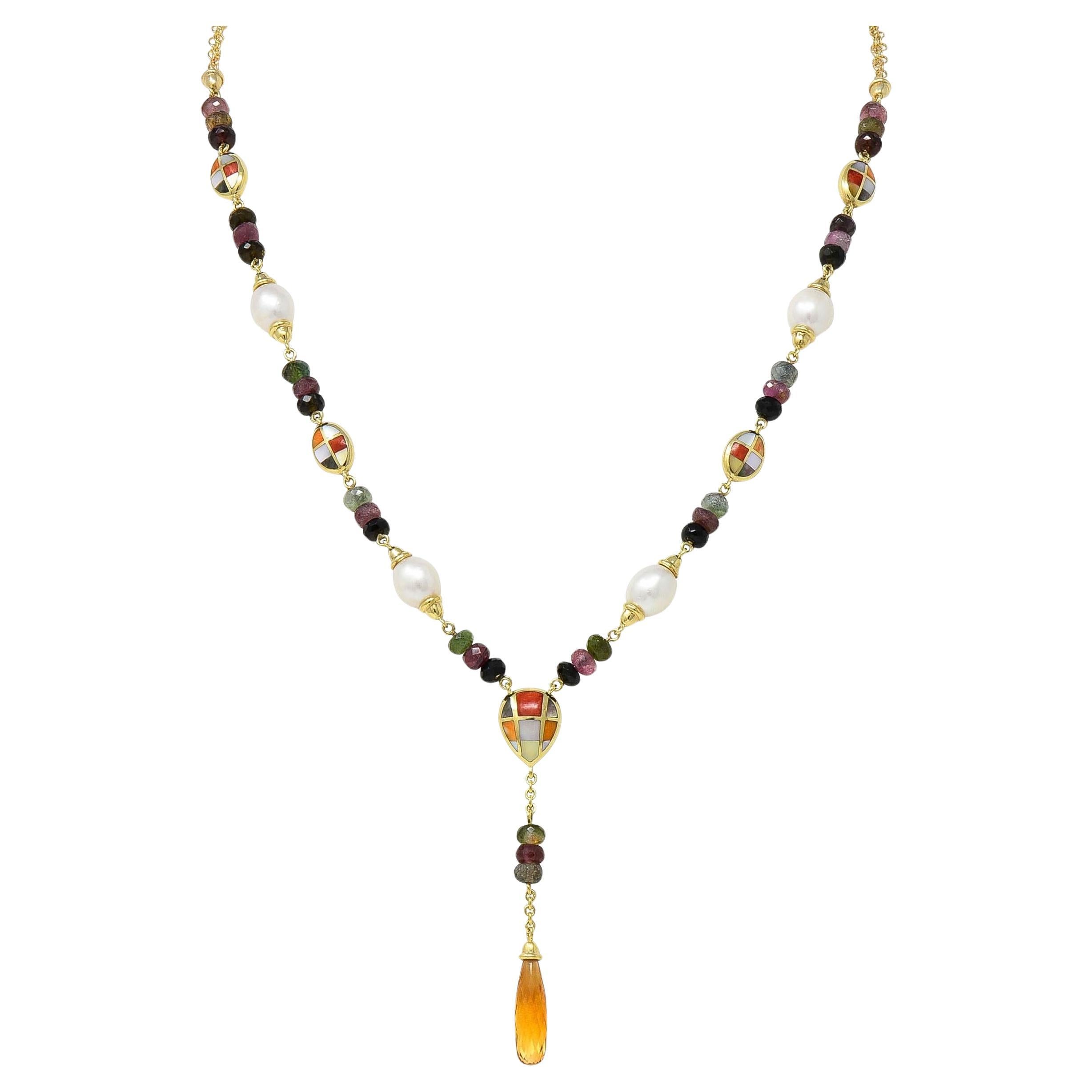 Asch Grossbardt 2000 Pearl Citrine Multi-Gem Inlay 14K Gold Lariat Drop Necklace