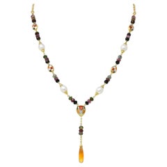 Asch Grossbardt 2000 Pearl Citrine Multi-Gem Inlay 14K Gold Lariat Drop Necklace