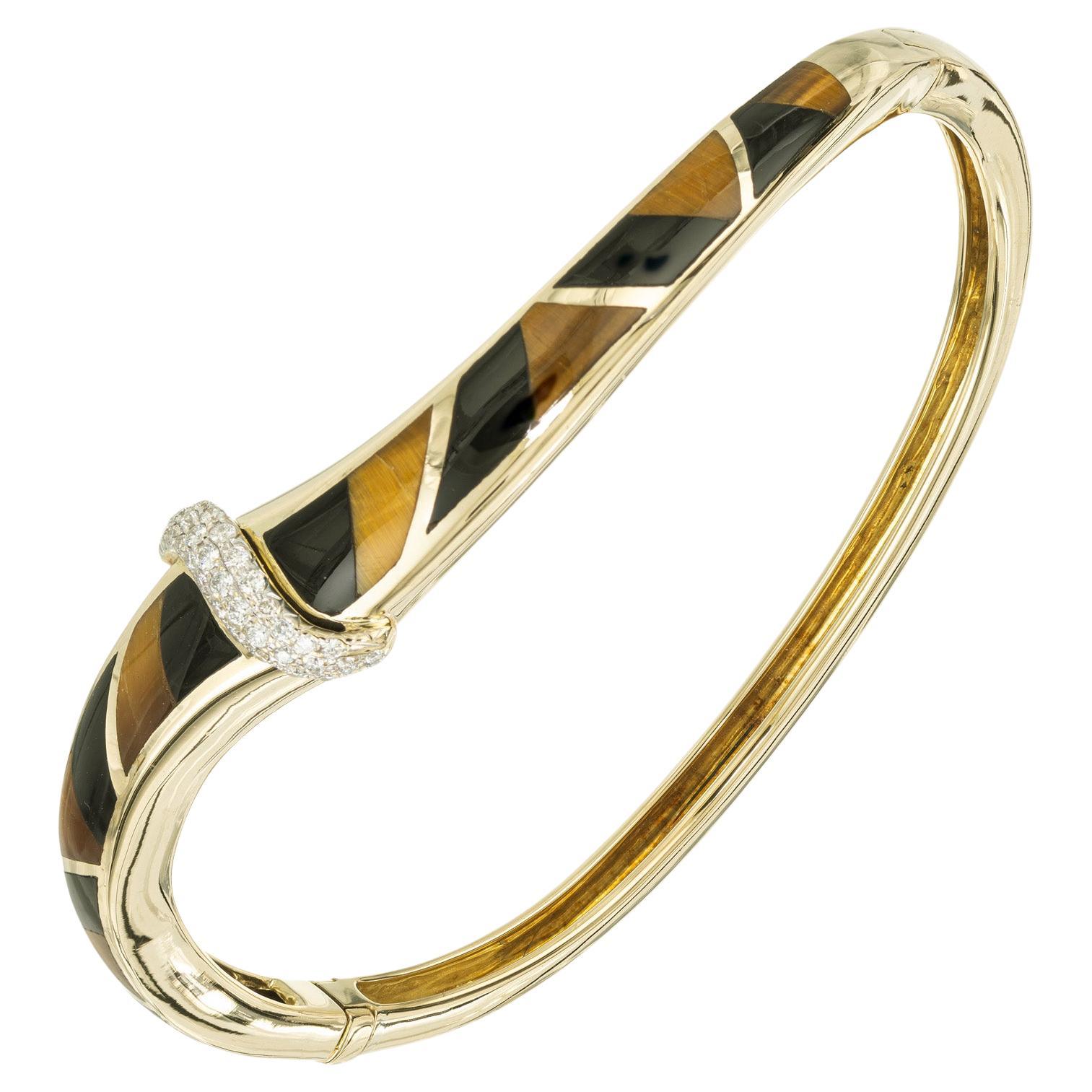 Asch Grossbardt .22 Carat Diamond Tiger Eye Onyx Bangle Bracelet  For Sale