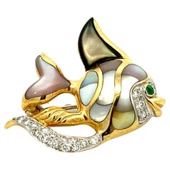 Vintage Asch Grossbardt Angel Fish Diamond Emerald and Mother of Pearl 18k Gold Pin Broo