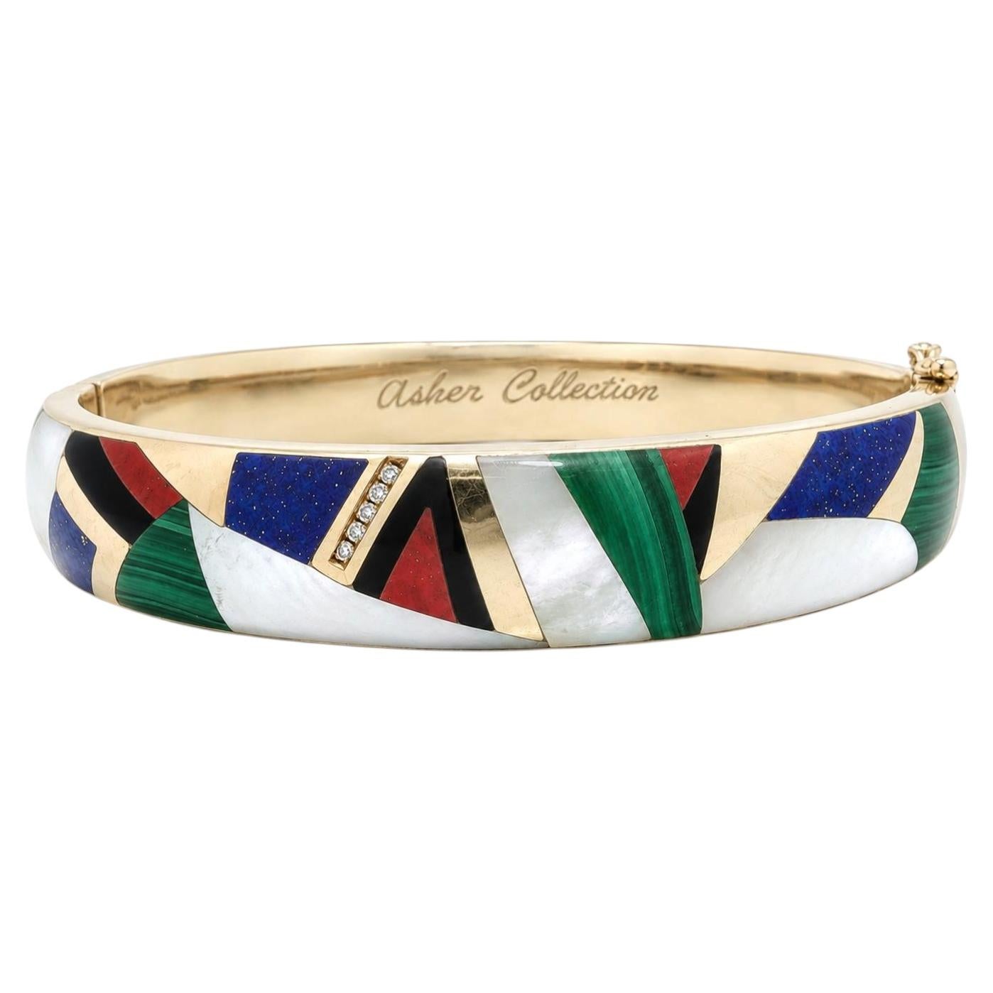 Asch Grossbardt Asher Collection 14k Gold Inlaid Colorful Stone Bangle Bracelet
