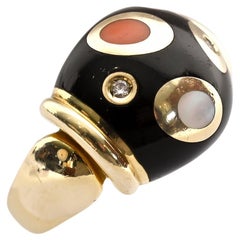 Asch Grossbardt Black Onyx, Coral, Diamond and Mother of Pearl Ring