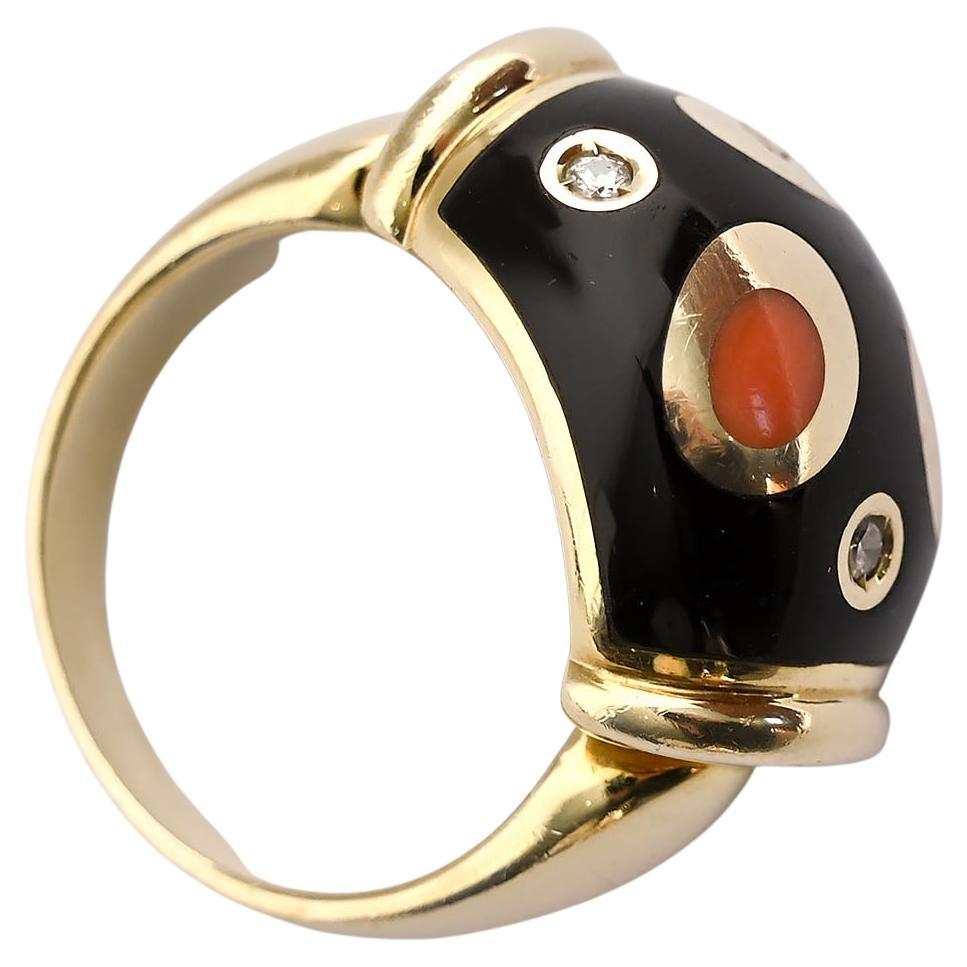 Modernist Asch Grossbardt Black Onyx, Coral, Diamond and Mother of Pearl Ring For Sale