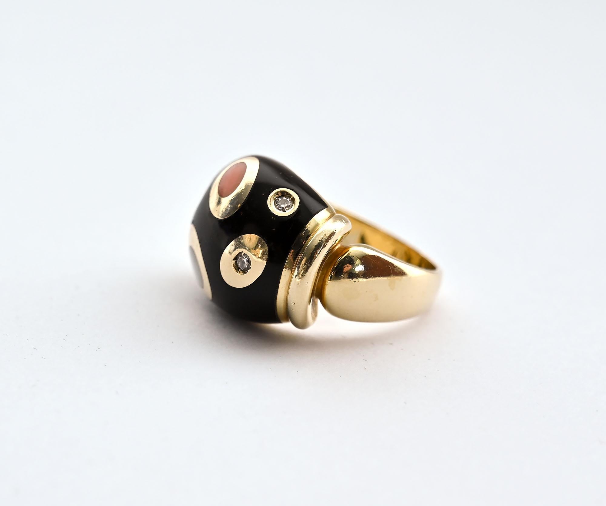 Uncut Asch Grossbardt Black Onyx, Coral, Diamond and Mother of Pearl Ring For Sale