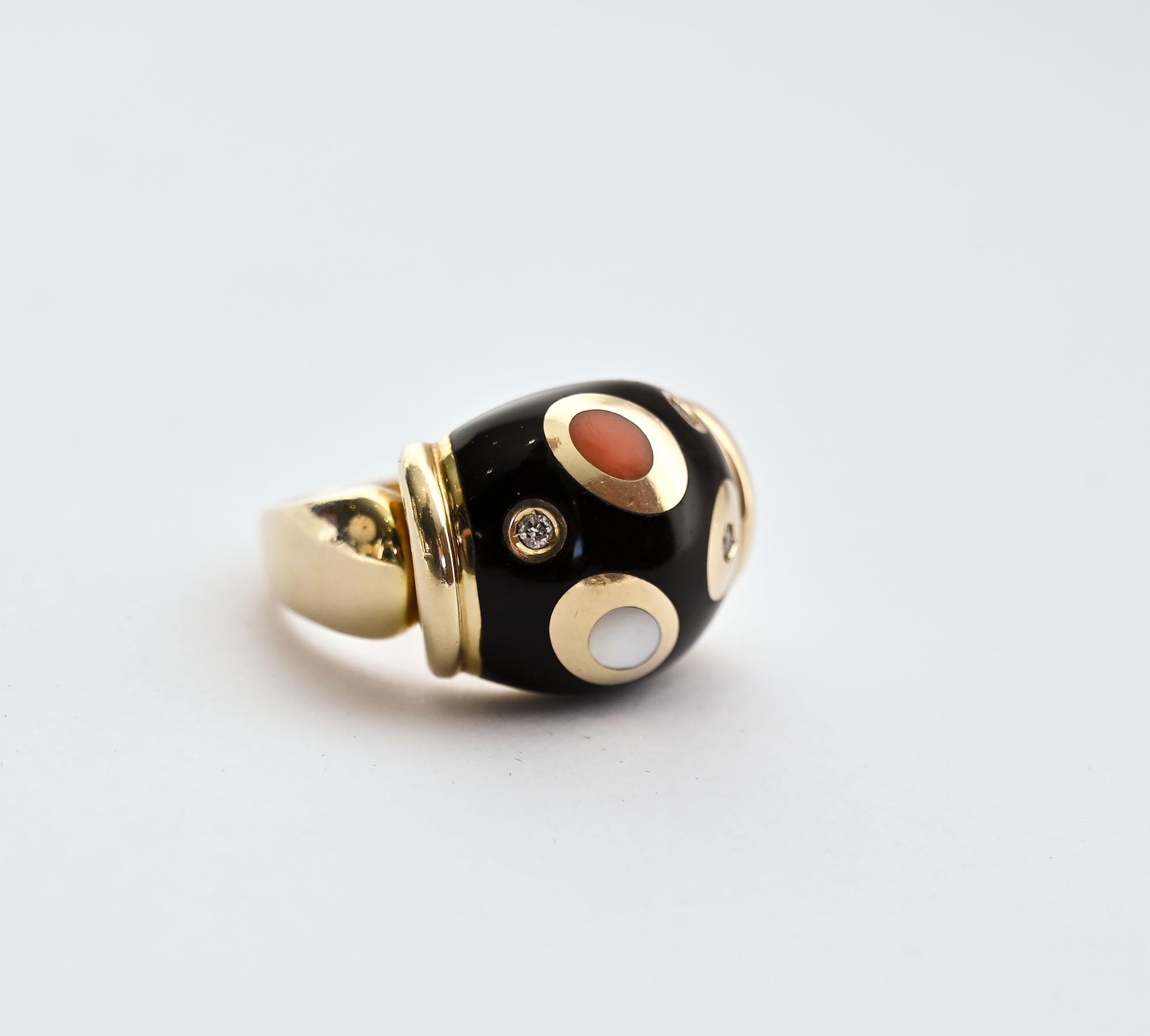 Modernist Asch Grossbardt Black Onyx, Coral, Diamond and Mother of Pearl Ring