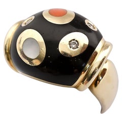 Asch Grossbardt Black Onyx, Coral, Diamond and Mother of Pearl Ring