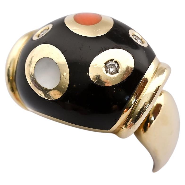 Asch Grossbardt Black Onyx, Coral, Diamond and Mother of Pearl Ring