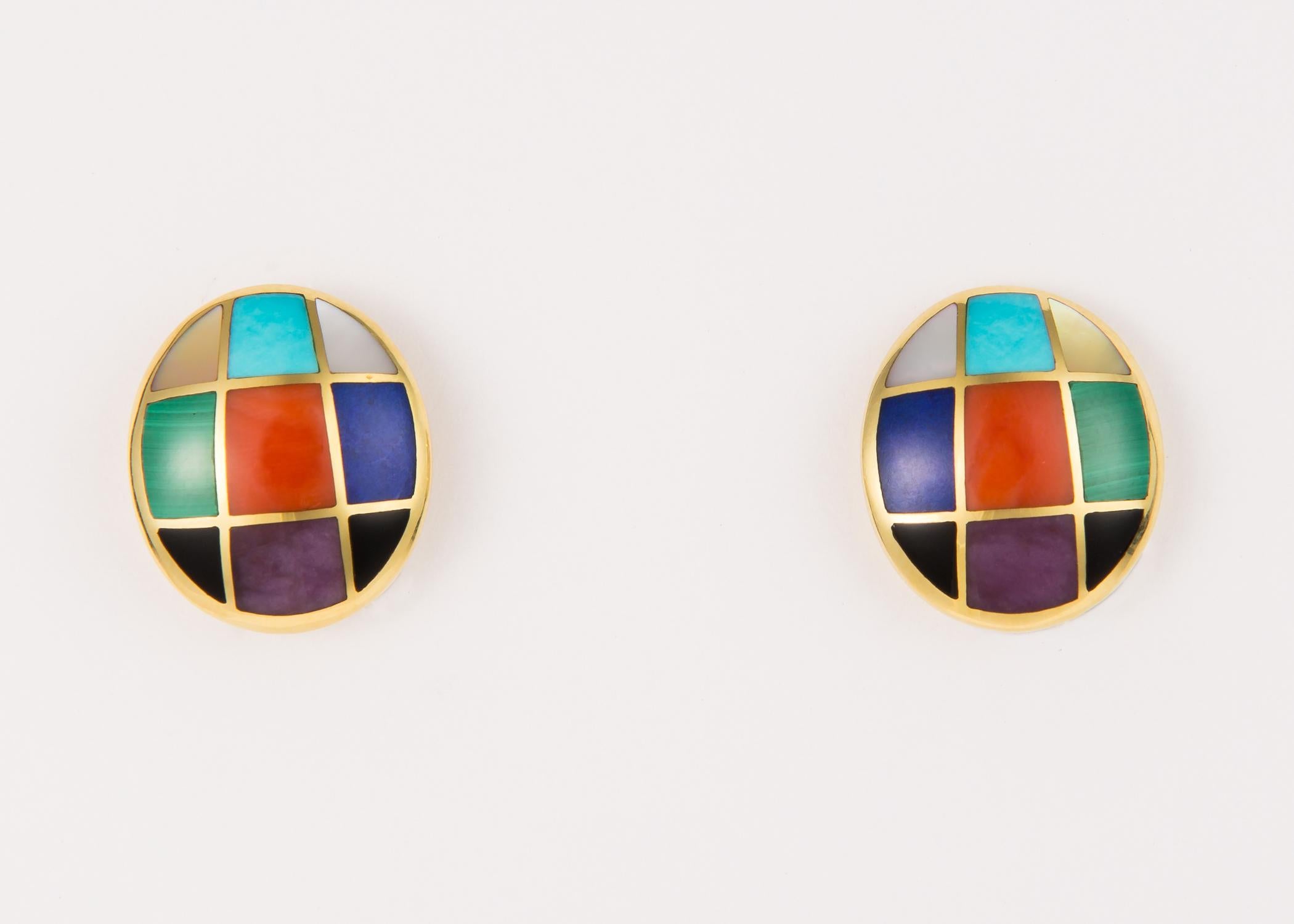 Asch Grossbardt combines turquoise, coral, malachite, lapis, mother of pearl, black onyx and purple sugilite in a playful geometric pattern. 3/4's of an inch in length. 
