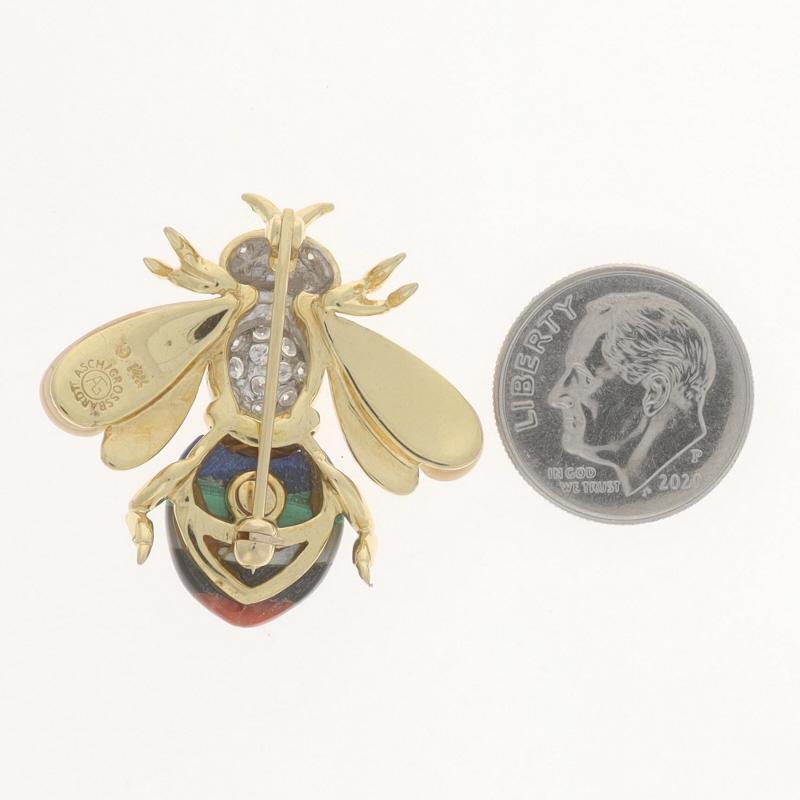 Round Cut Asch Grossbardt Dia Lapis Malachite Onyx Bee Brooch Yellow Gold 14k Insect Pin For Sale