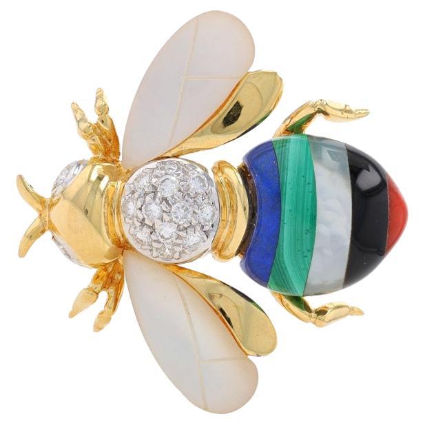 Asch Grossbardt Dia Lapis Malachite Onyx Bee Brooch Yellow Gold 14k Insect Pin For Sale