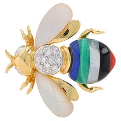 Asch Grossbardt Dia Lapis Malachite Onyx Bee Brooch Yellow Gold 14k Insect Pin