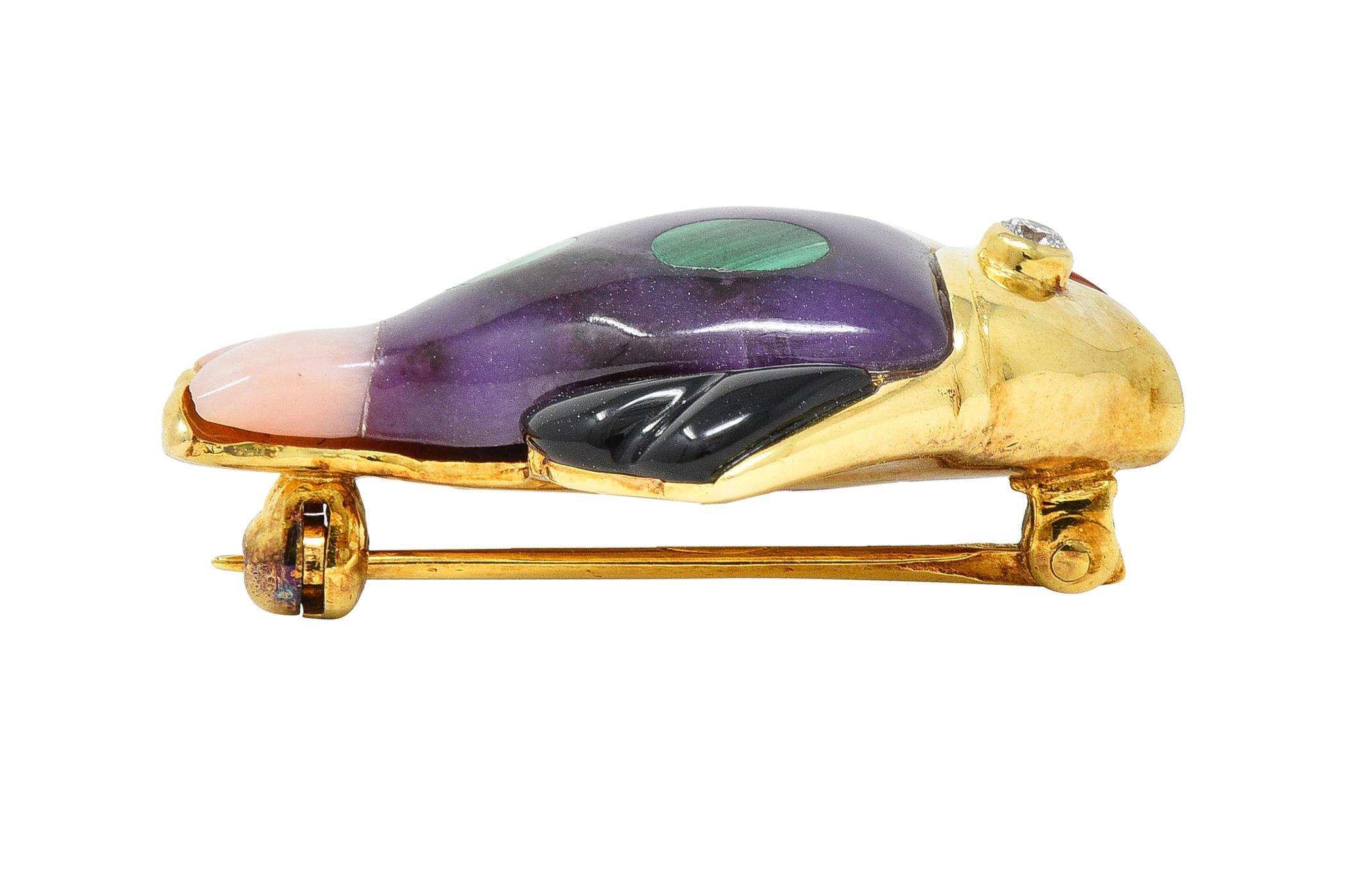 Round Cut Asch Grossbardt Diamond Amethyst Mother-Of-Pearl 14 Karat Gold Inlay Fish Brooch For Sale