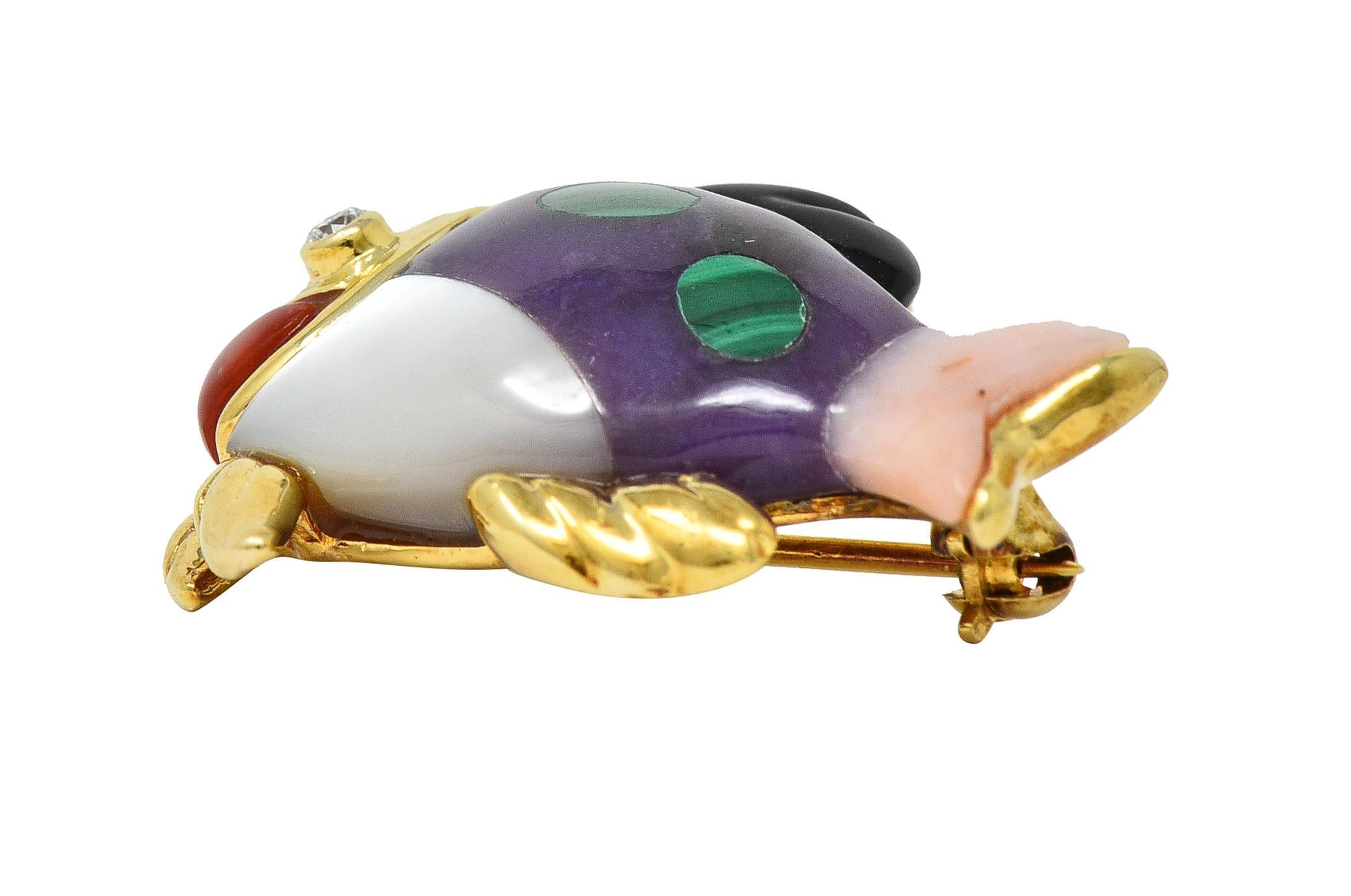 Asch Grossbardt Diamond Amethyst Mother-Of-Pearl 14 Karat Gold Inlay Fish Brooch In Excellent Condition For Sale In Philadelphia, PA