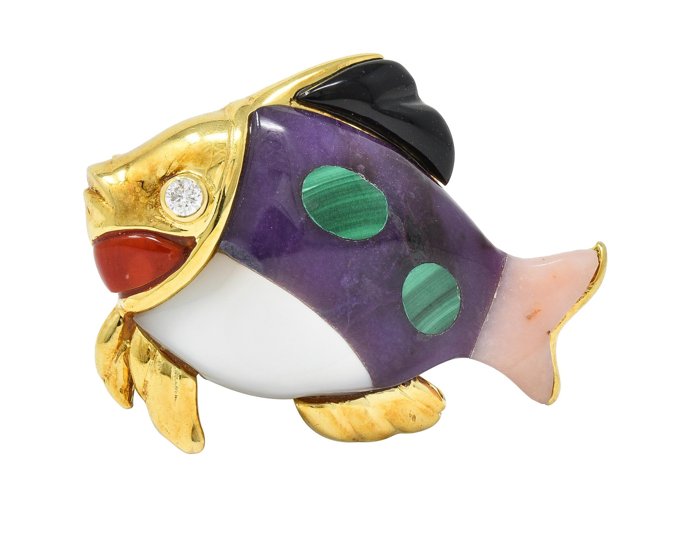 Asch Grossbardt Diamond Amethyst Mother-Of-Pearl 14 Karat Gold Inlay Fish Brooch For Sale 1