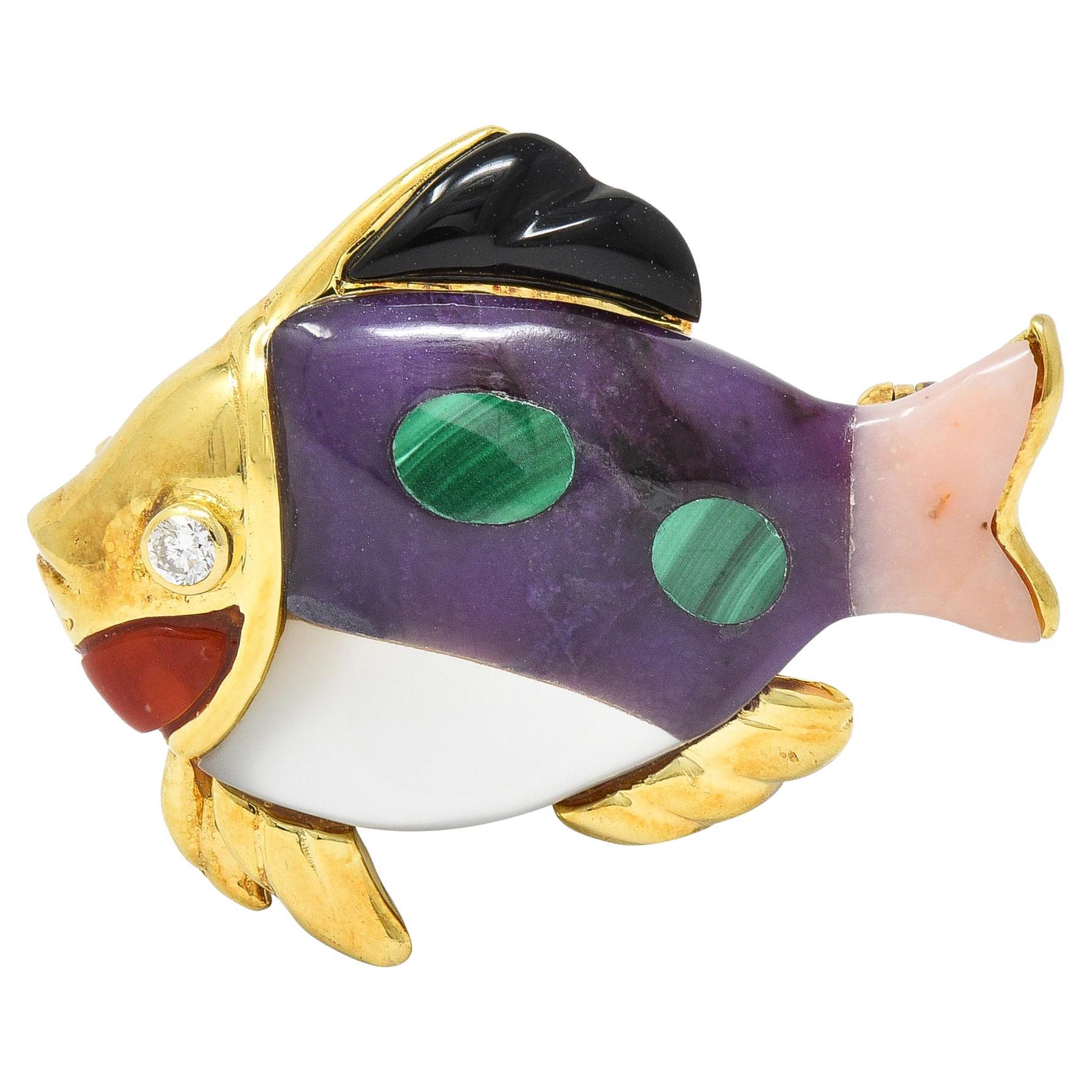 Asch Grossbardt Diamond Amethyst Mother-Of-Pearl 14 Karat Gold Inlay Fish Brooch