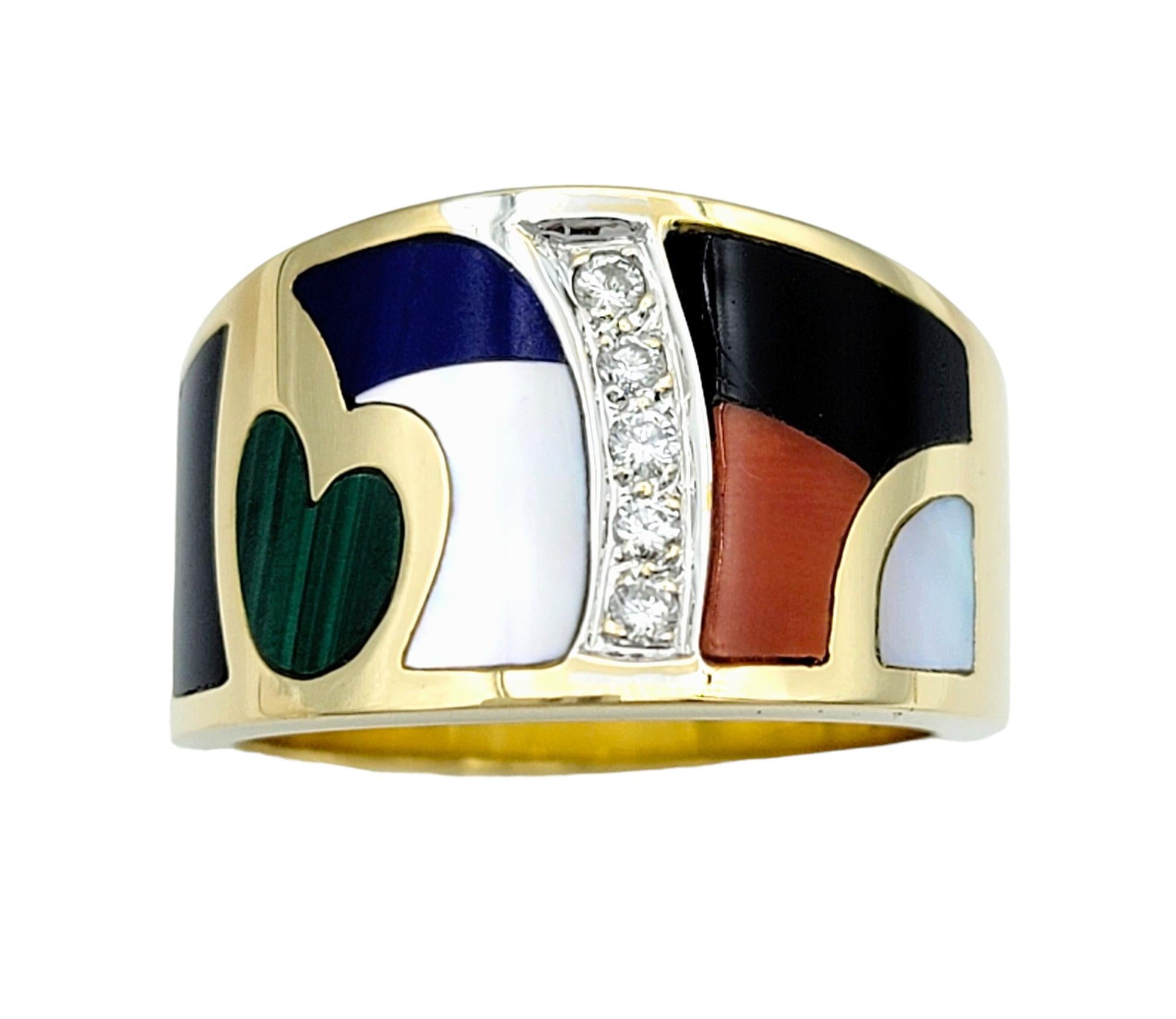 Contemporary Asch Grossbardt Diamond and Multi Gem Inlay Wide Band Ring Set in 18 Karat Gold For Sale