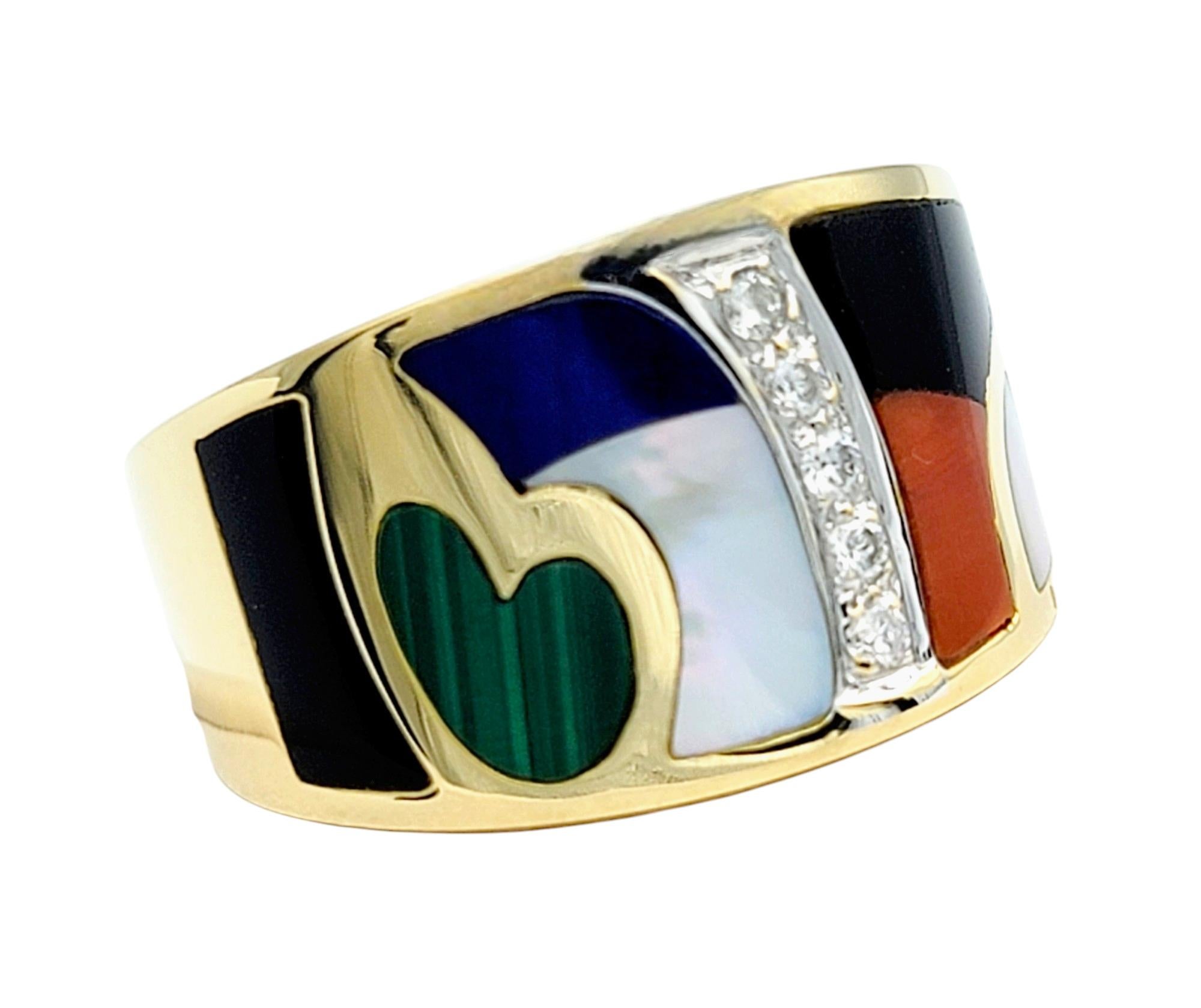 Round Cut Asch Grossbardt Diamond and Multi Gem Inlay Wide Band Ring Set in 18 Karat Gold For Sale
