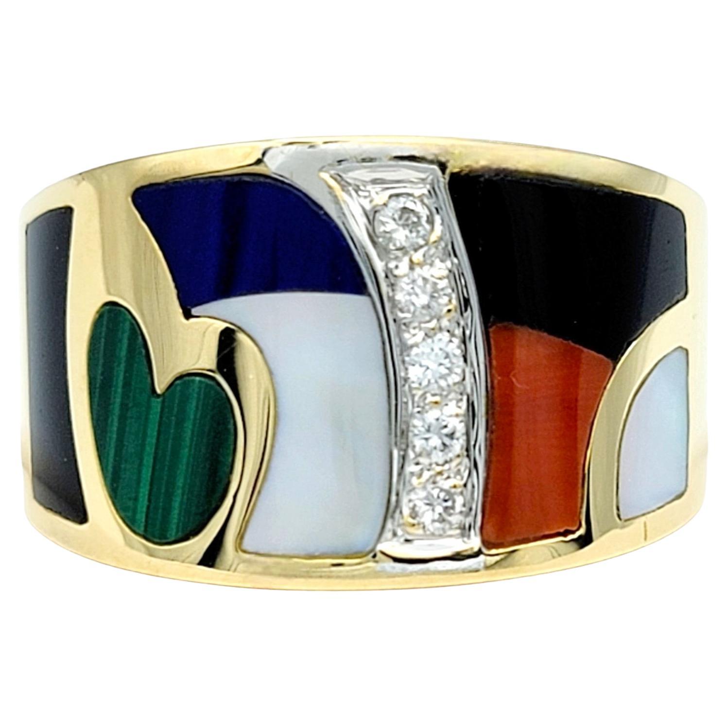 Asch Grossbardt Diamond and Multi Gem Inlay Wide Band Ring Set in 18 Karat Gold For Sale