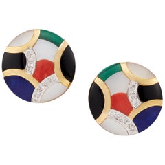 Asch Grossbardt Diamond Enamel 14 Karat Yellow Gold Disc Earrings