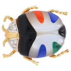 Asch Grossbardt Broche coccinelle en or jaune 14 carats avec diamants, lapis et malachite