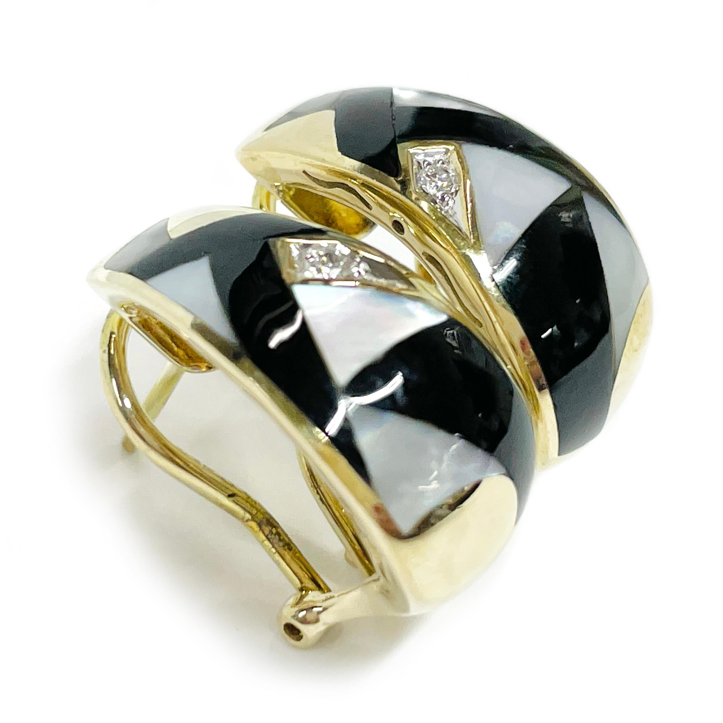 Asch Grossbardt 14K Yellow Gold Diamond, Mother of Pearl, Onyx Earrings. The earrings feature geometric shapes of mother of pearl and onyx with gold trim and one bead-set round diamond on each earring. The 2mm diamonds are brilliant-cut and are