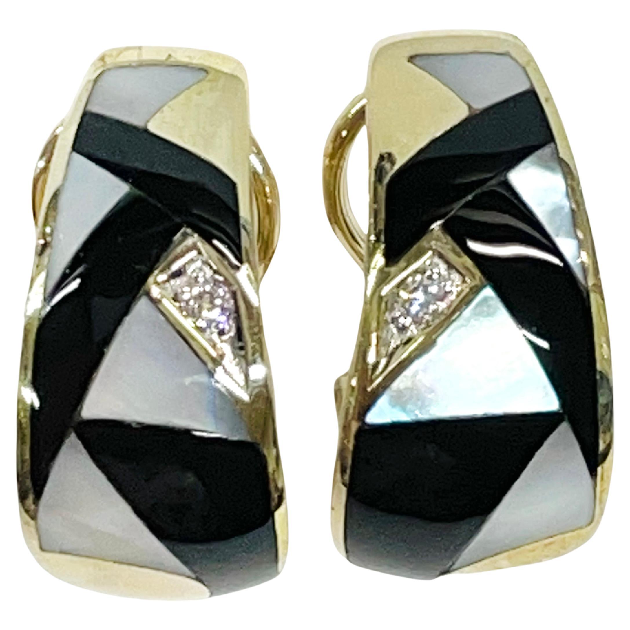 Asch Grossbardt Diamond Mother of Pearl Onyx Huggie Earrings
