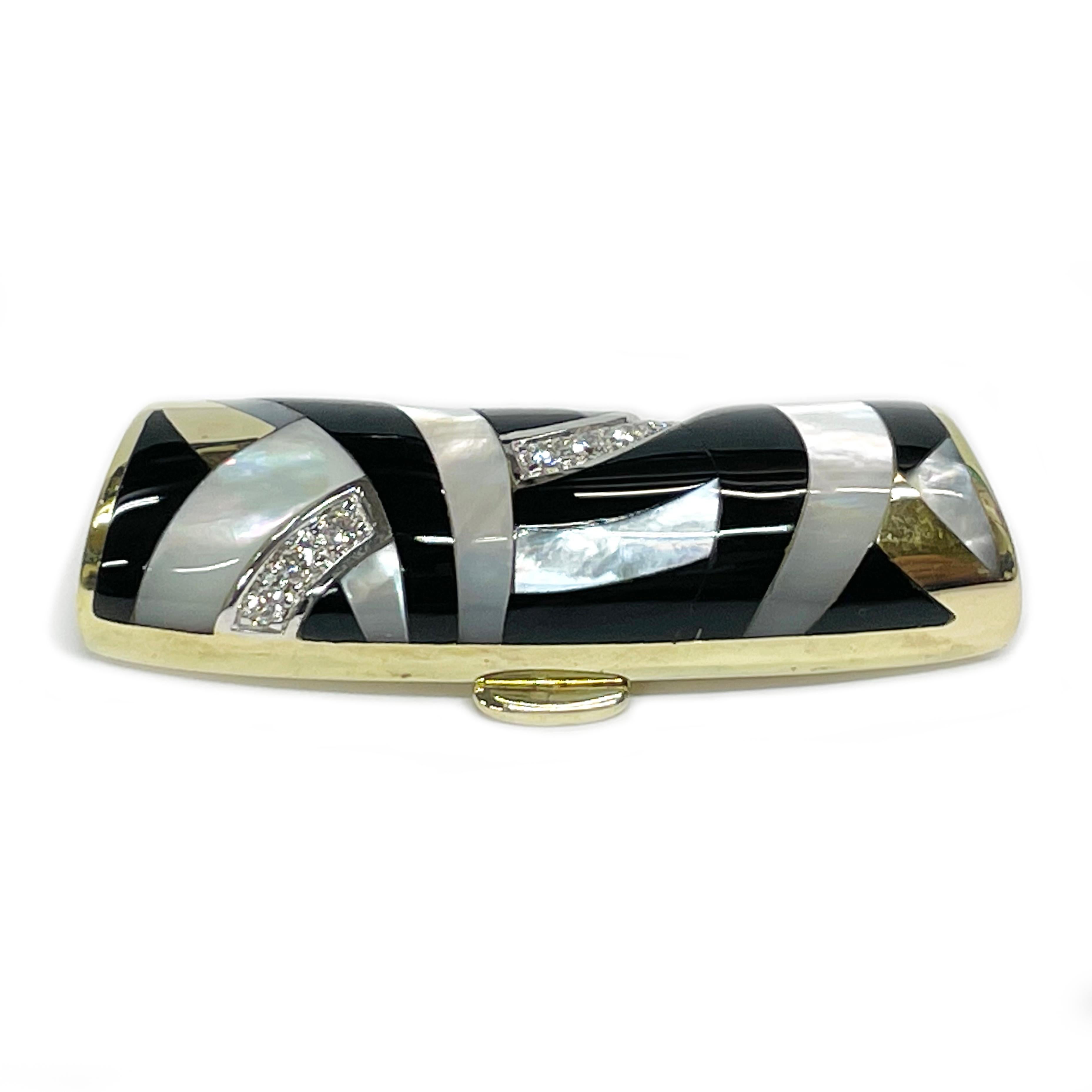 Asch Grossbardt Diamond, Mother of Pearl, Onyx 14K Slider Pendant. The slide pendant features inlays of swooshes of mother of pearl and onyx with a swoosh of diamonds bead-set in white gold with yellow gold trim. The five round 1.8mm diamonds are