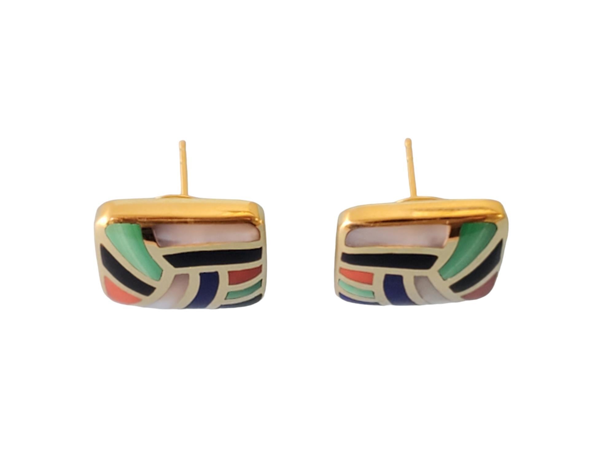 Asch Grossbardt Earrings 14k Yellow Gold Multi-Stone Inlay Design In Good Condition For Sale In Overland Park, KS