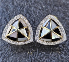 Asch Grossbardt Earrings MOP Mother Pearl Onyx Diamond 14k Yellow Gold 12g