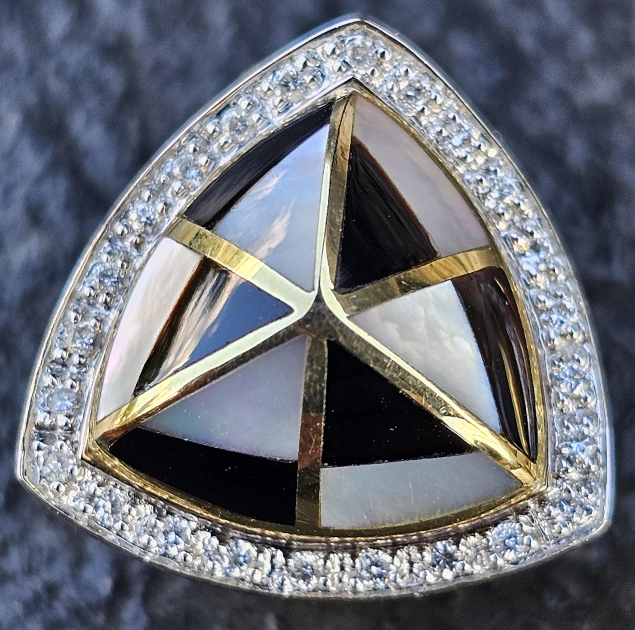 Taille ronde Asch Grossbardt Boucles d'oreilles MOP Nacre Onyx Diamant Or jaune 14k 12g en vente