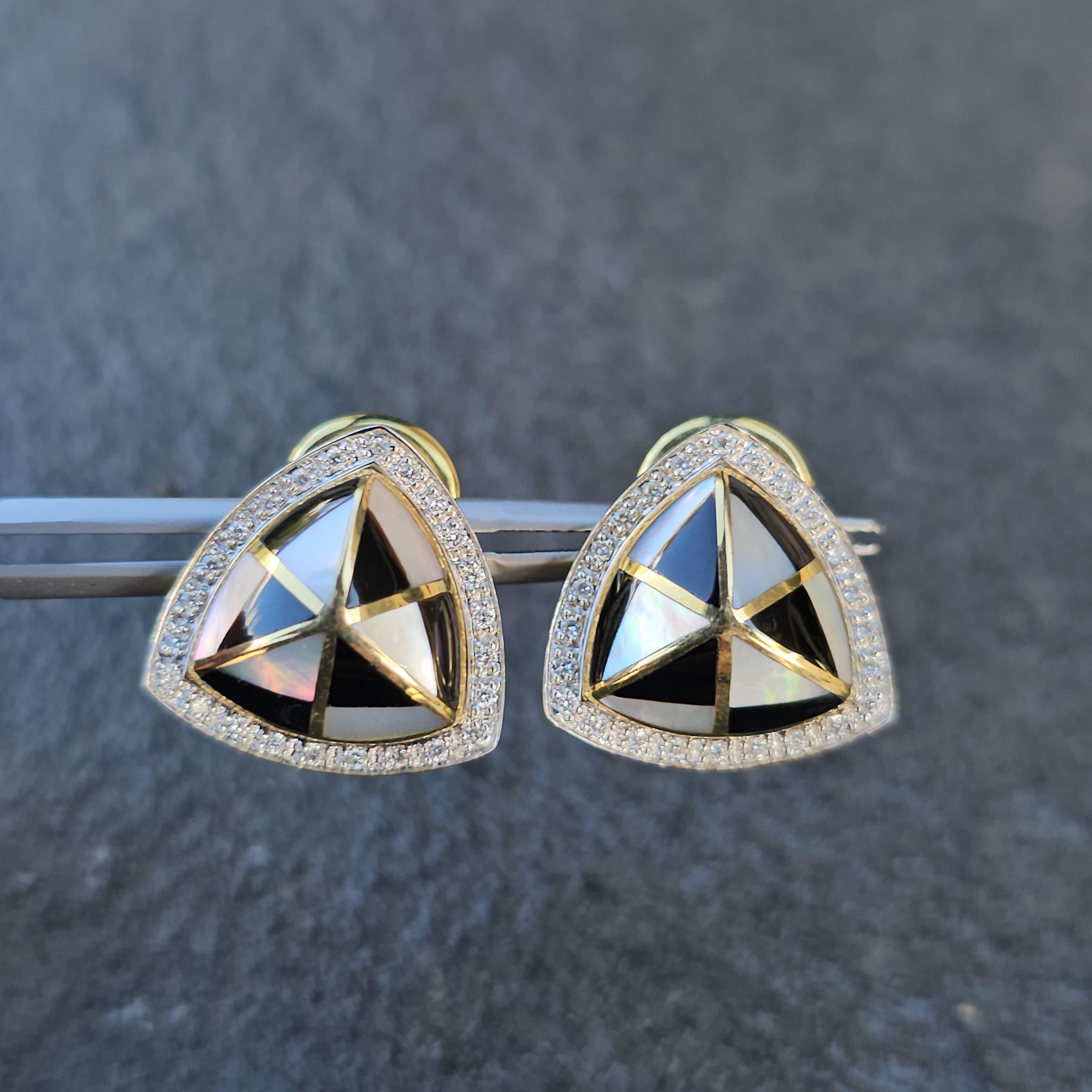 Asch Grossbardt Boucles d'oreilles MOP Nacre Onyx Diamant Or jaune 14k 12g Pour femmes en vente