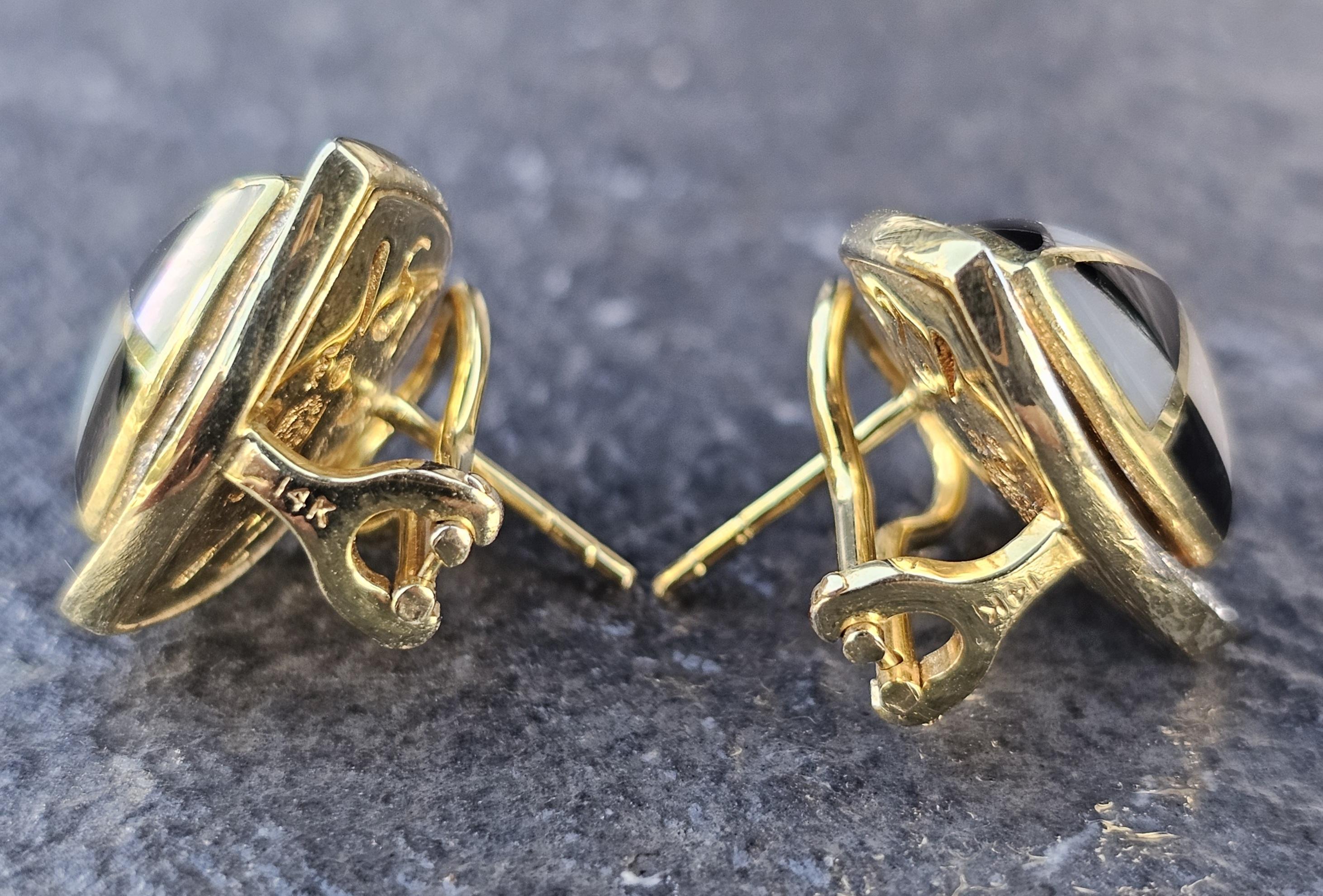 Asch Grossbardt Boucles d'oreilles MOP Nacre Onyx Diamant Or jaune 14k 12g en vente 3