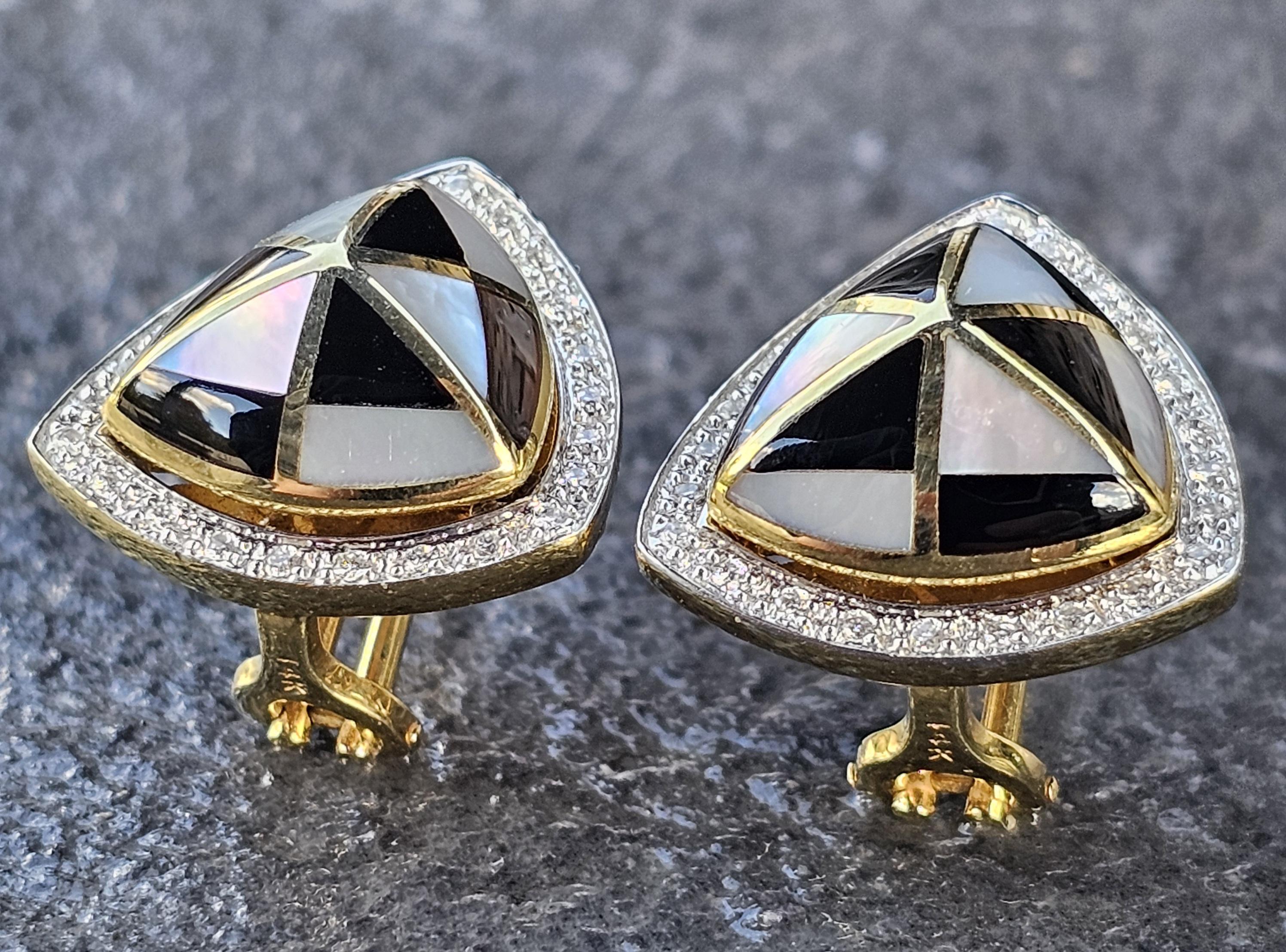 Asch Grossbardt Boucles d'oreilles MOP Nacre Onyx Diamant Or jaune 14k 12g en vente 4