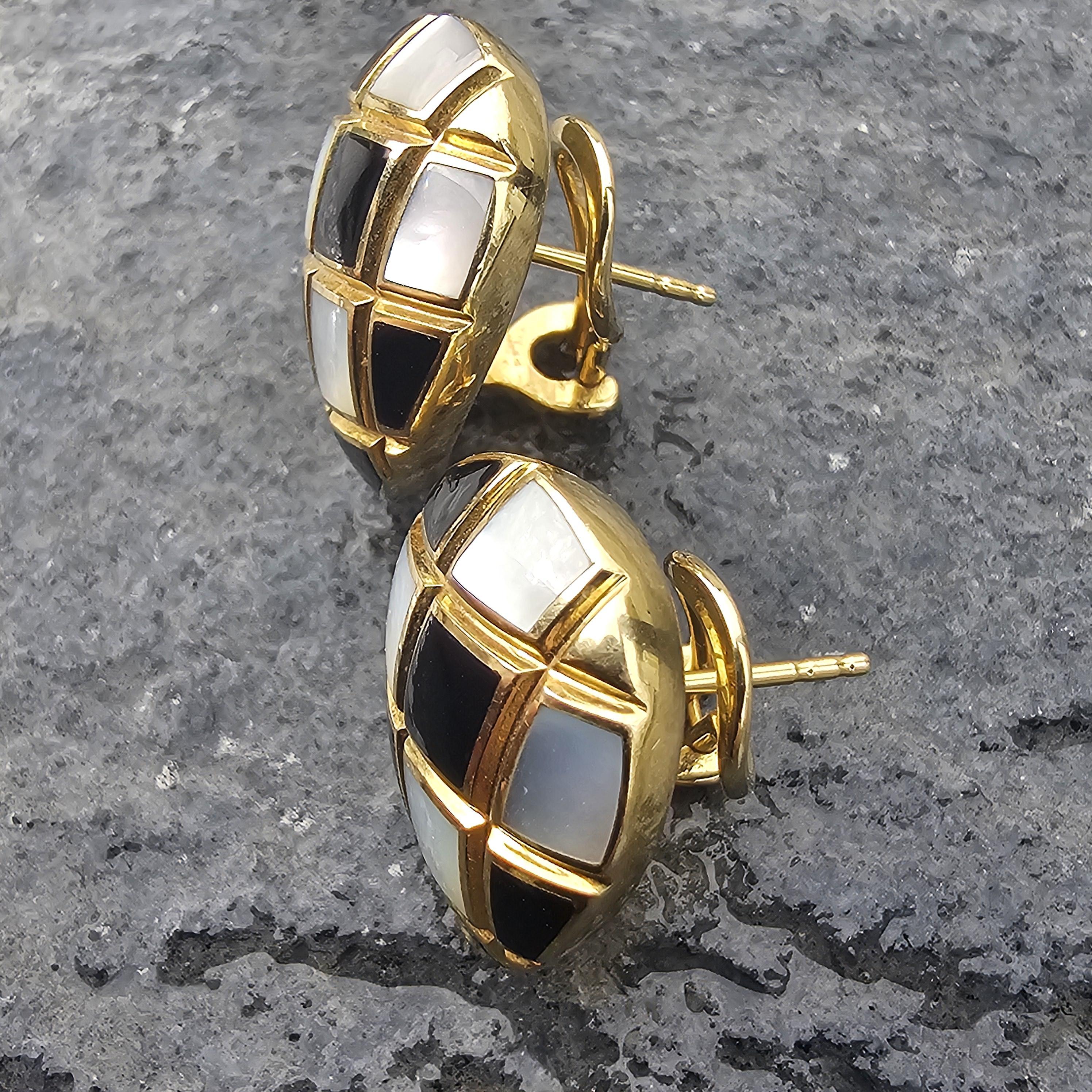 Asch Grossbardt Boucles d'oreilles Perle mère MOP Onyx incrusté Or jaune 14k 12.5g en vente 3