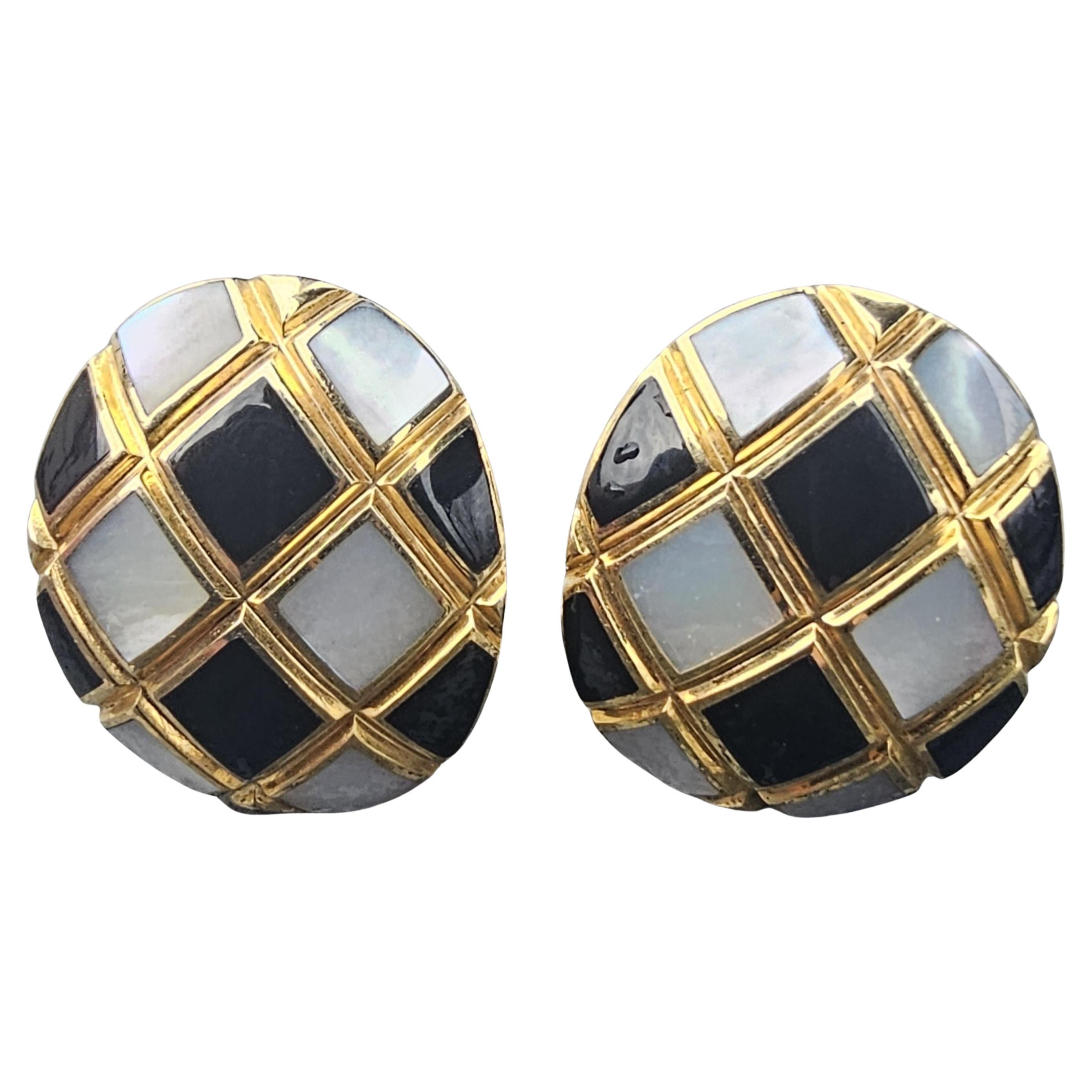 Orecchini Asch Grossbardt Perla Madre MOP Intarsio di Onice Oro Giallo 14k 12,5g