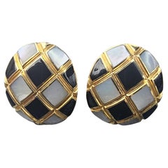 Asch Grossbardt Earrings Mother Pearl MOP Onyx Inlay 14k Yellow Gold 12.5g