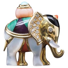Asch Grossbardt Elephant Brooch w Mother of Pearl Malachite Coral Diamond Onyx