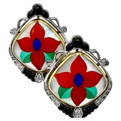 Asch Grossbardt Floral Design Inlaid Stone Earrings in White and Yellow Gold