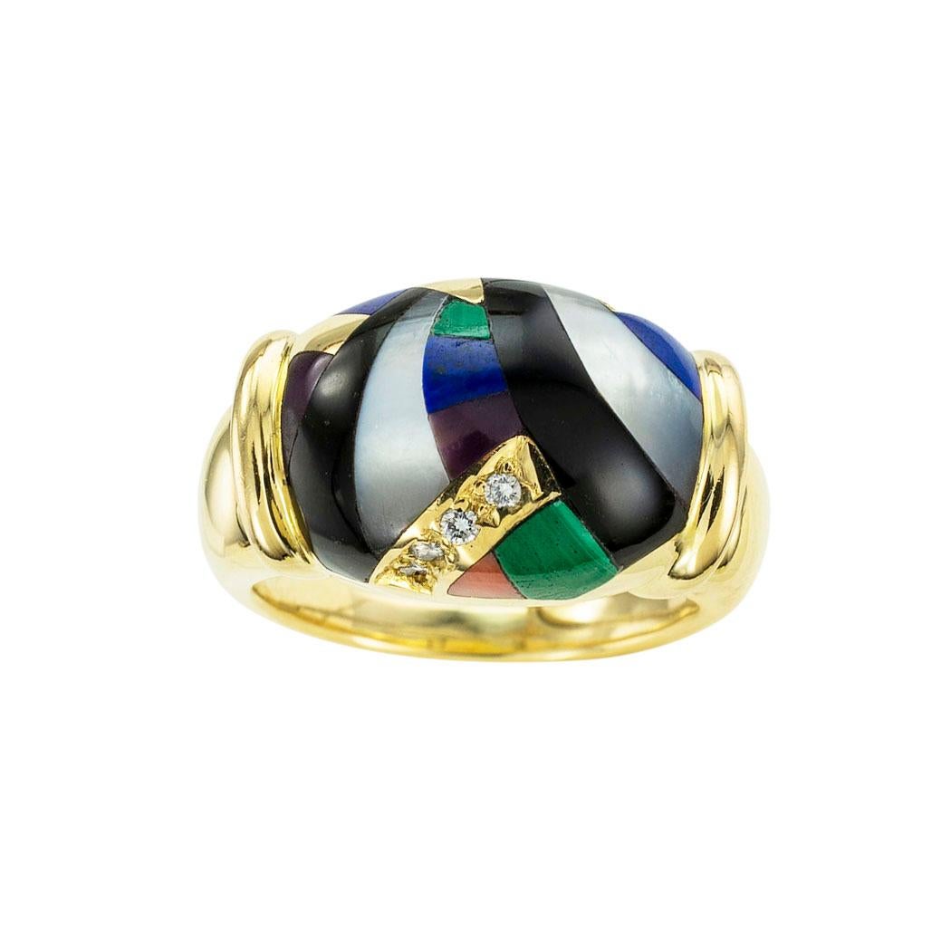 Asch Grossbardt gemstone inlaid and diamond domed yellow gold ring circa 1980. *

ABOUT THIS ITEM:  #R-DJ524B. Scroll down for detailed specifications.  The slightly domed ring is embellished by an arabesque of inlaid gemstones including coral,