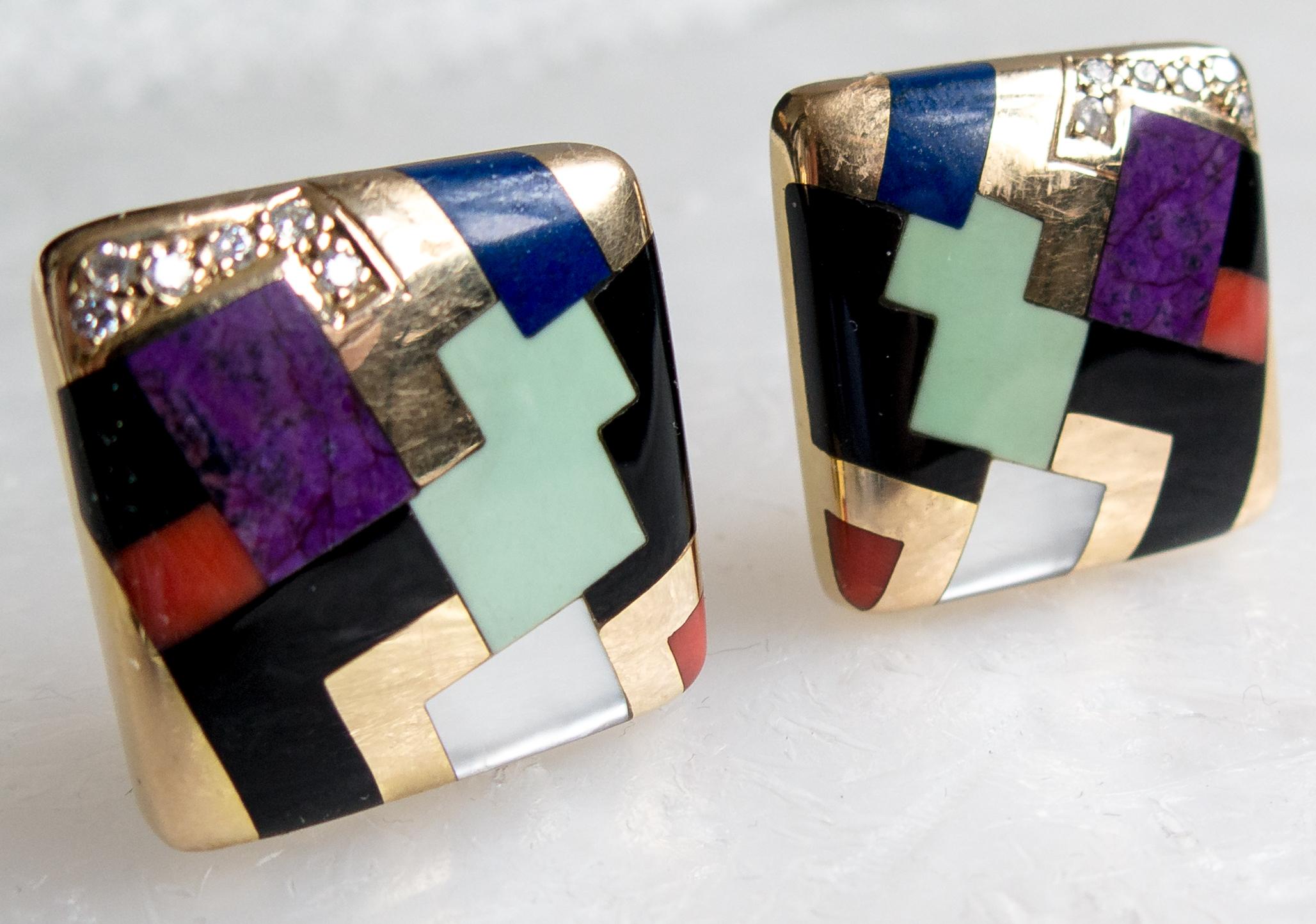 Women's or Men's Asch Grossbardt Gold and Geometric Inlay Earclips