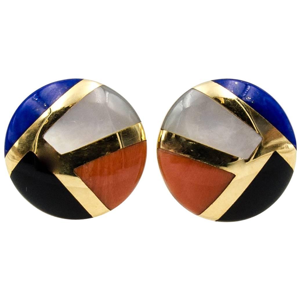 Asch Grossbardt Gold Coral Lapis Pearl Earclips