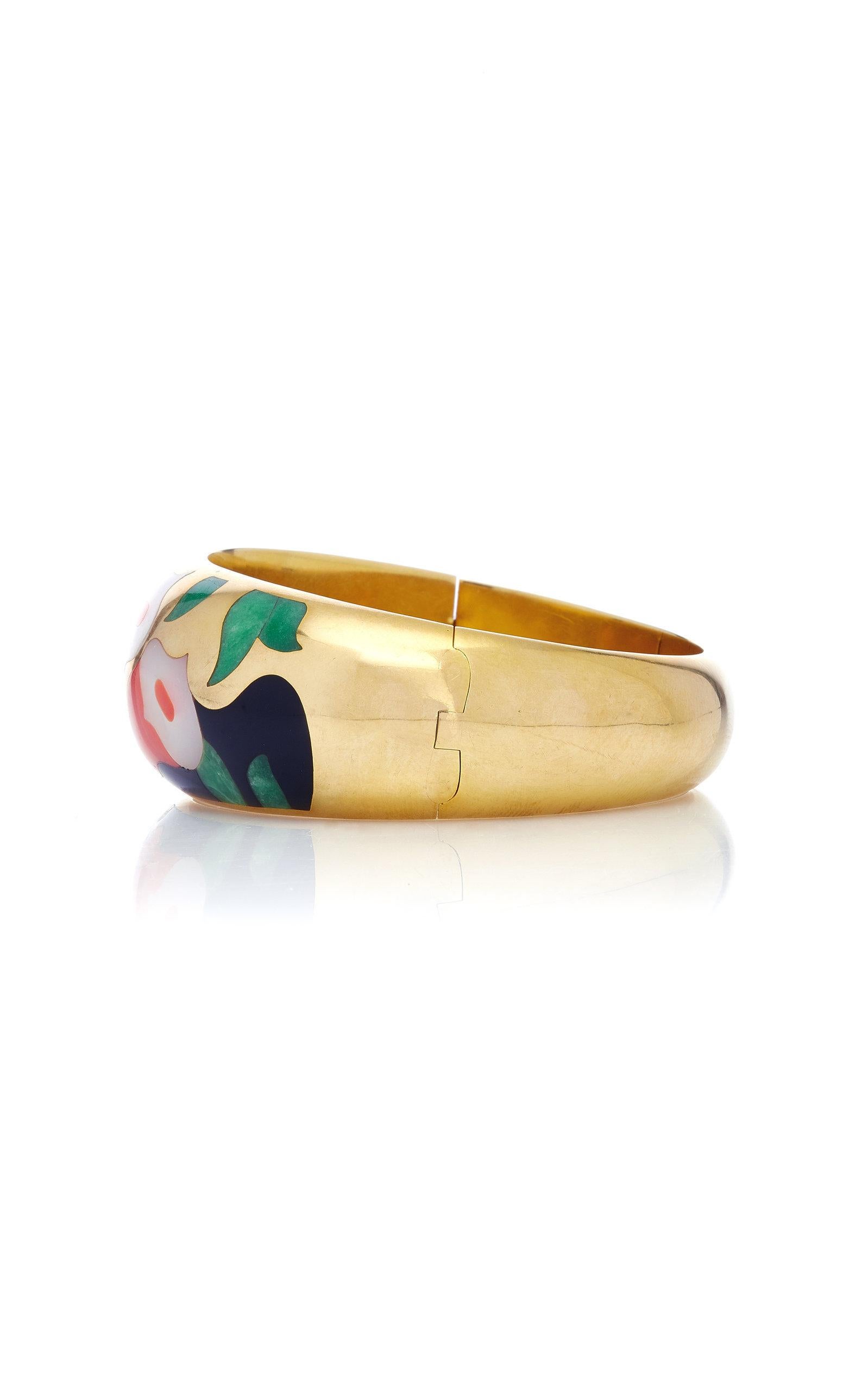 Asch Grossbardt bracelet in 14kt yellow gold with inlaid onyx, mother of pearl, coral and aventurine. Made in the US, circa 1970s.