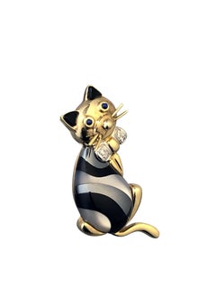 Asch Grossbardt Gold Stone inlay and Gem set Kitty Cat Brooch