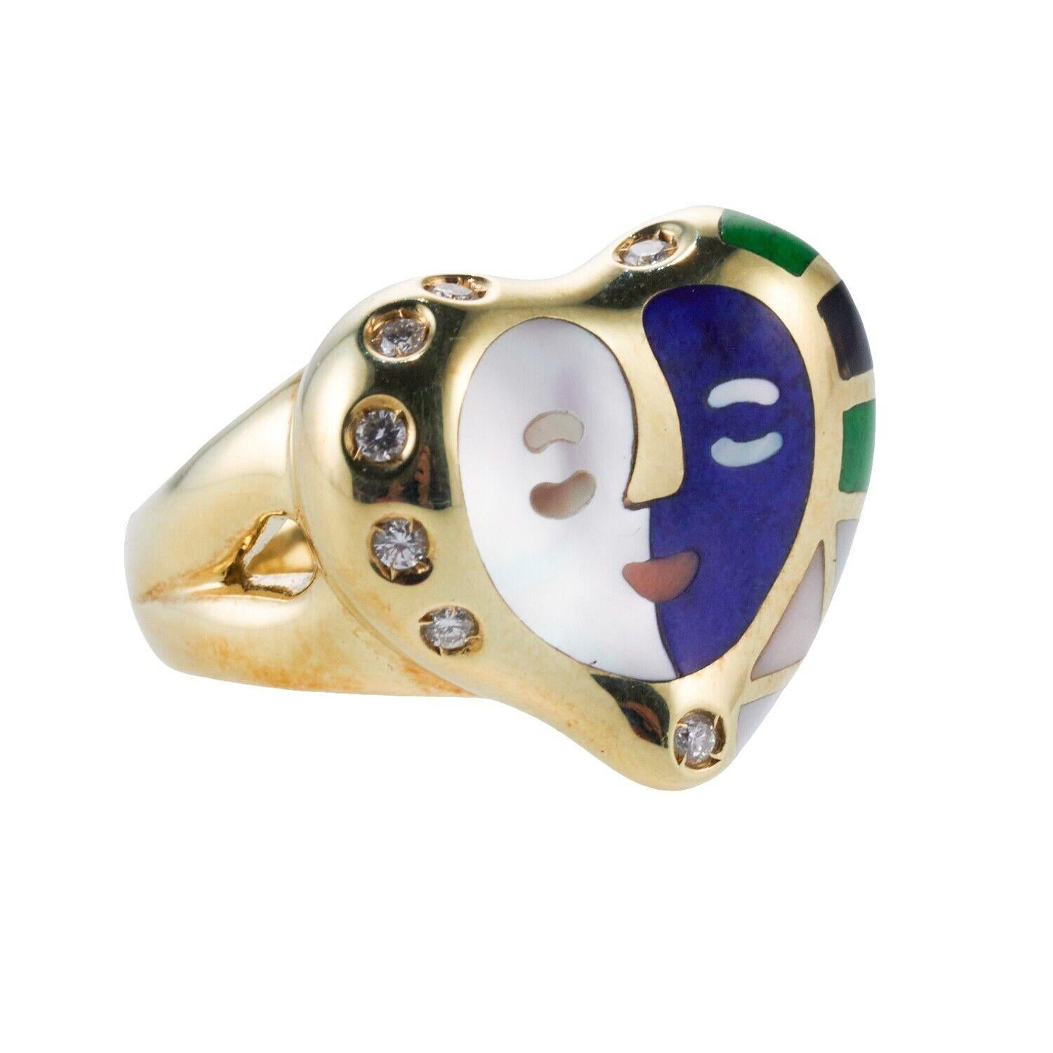 A 14k yellow gold ring set with approximately 0.18ctw of diamonds, mother-of-pearl, onyx, lapis and malachite. Ring Size 6.5, Top is 18mm x 22mm. Weight is 8.2 grams.
