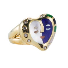 Asch Grossbardt Heart Face Gemstone Inlay Diamond Gold Ring