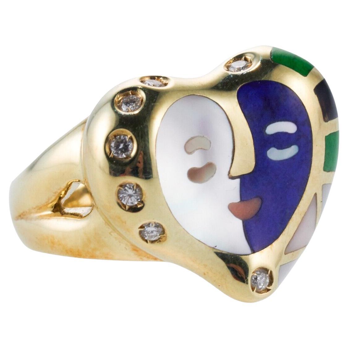Asch Grossbardt Heart Face Gemstone Inlay Diamond Gold Ring For Sale