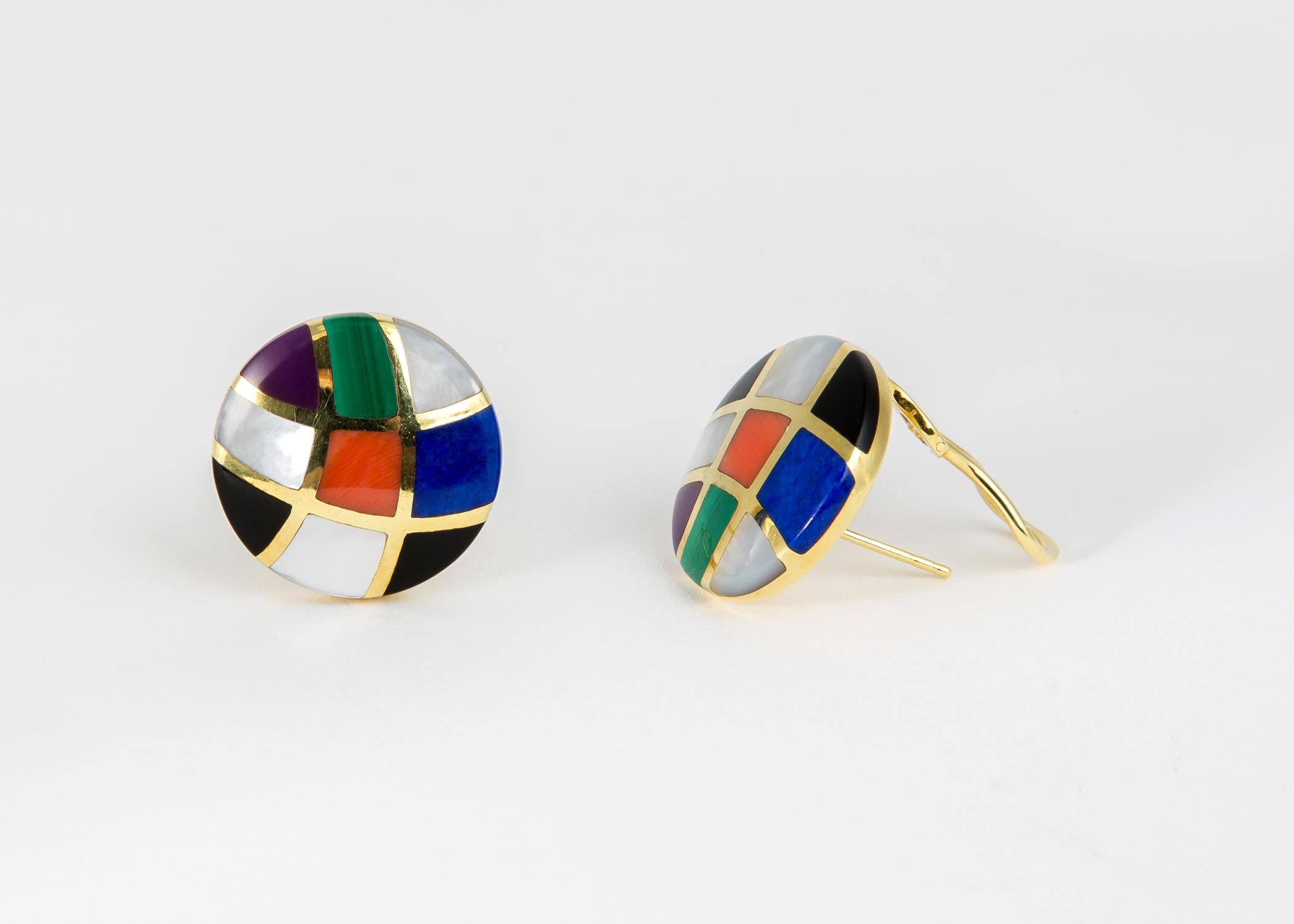 Asch Grossbardt combines coral, malachite, lapis, mother of pearl and black onyx in this bold round easy to wear earring. 7/8's of an inch in size.