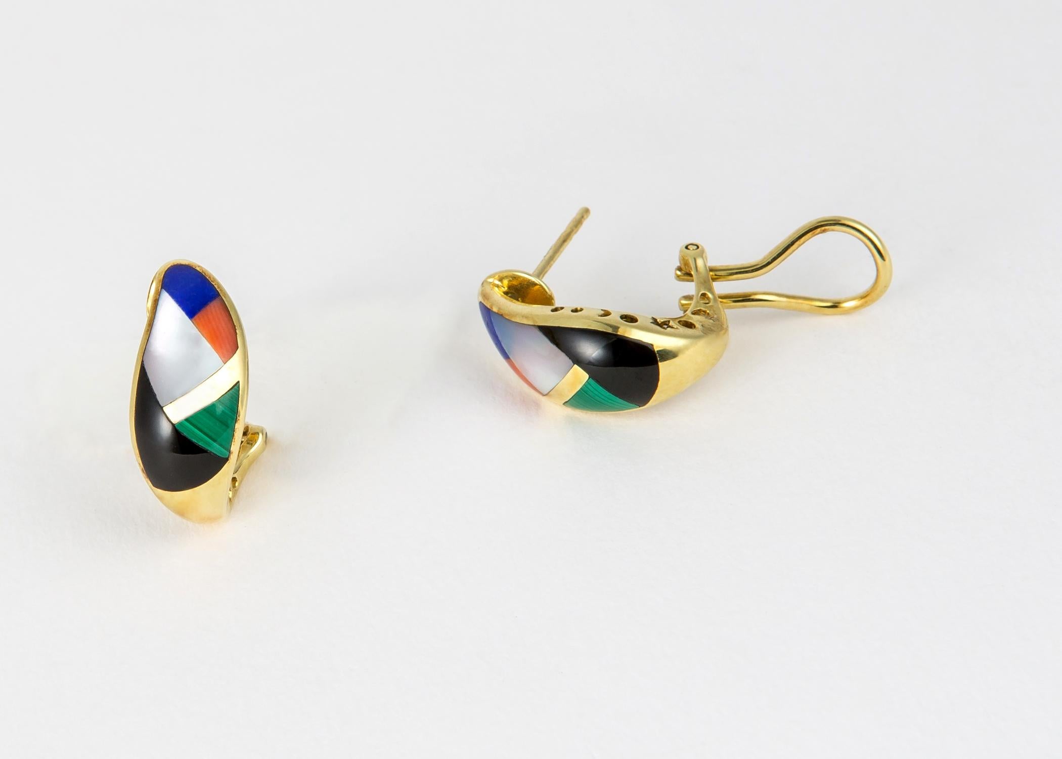 Asch Grossbardt combines mother of pearl black onyx lapis malachite and coral and creates a smaller size partial hoop earring. Playful and east to wear. Approximately 3/4's of an inch in length.