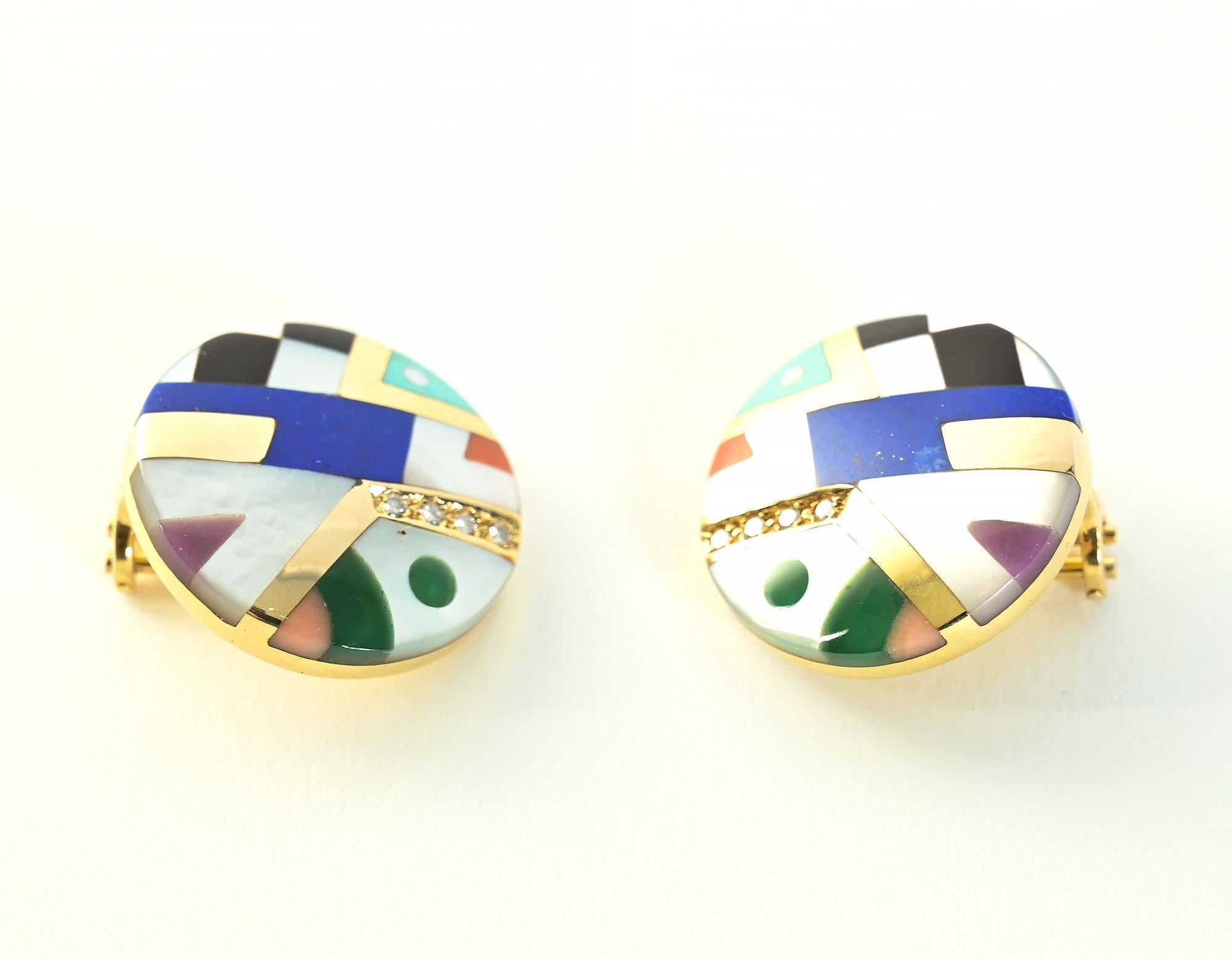 Contemporary Asch Grossbardt Inlaid Multistone Earrings For Sale